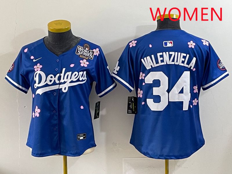 Women Los Angeles Dodgers 34 Valenzuela Blue Sakura Edition 2025 Nike MLB Jersey style 36